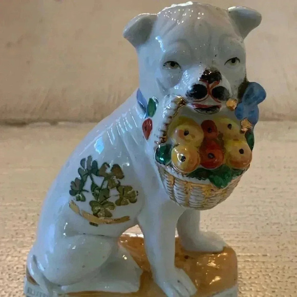 Antique White Staffordshire Type of Dog Fruit Basket In Mouth Foreign Ma… - Picture 9 of 13